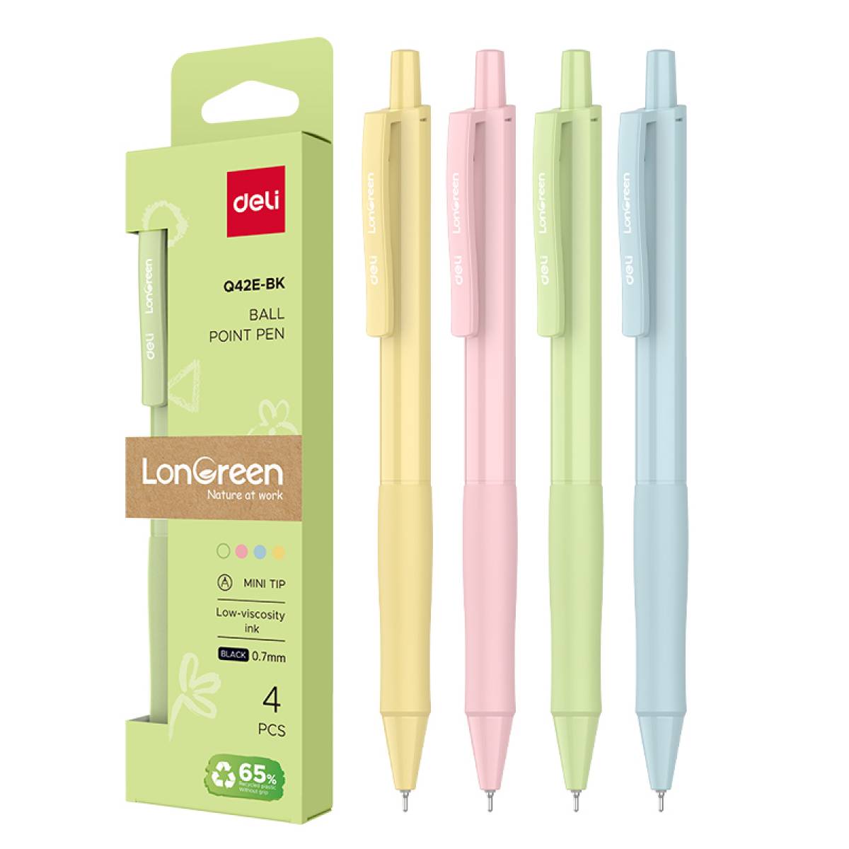 SET 4 BUC PIX CU MECANISM 0.7MM CORP PASTEL NEGRU LONGREEN 65% PL RECICLAT DELI