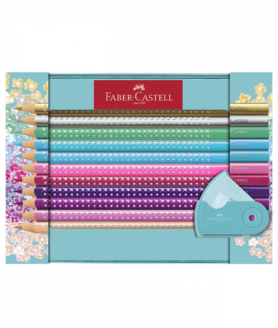Set Cadou 20 Creioane Colorate Sparkle cu Ascutitoare Sleeve Faber-Castell
