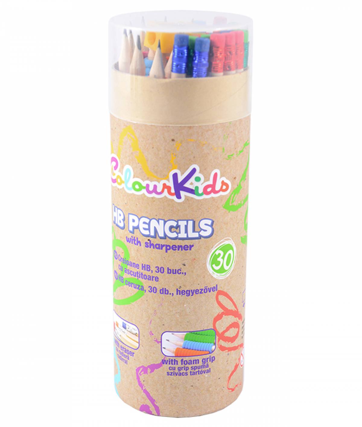 Creion HB Colour KIDS NATUR de calitate 30buc in tub carton cu grip si ascutitoare
