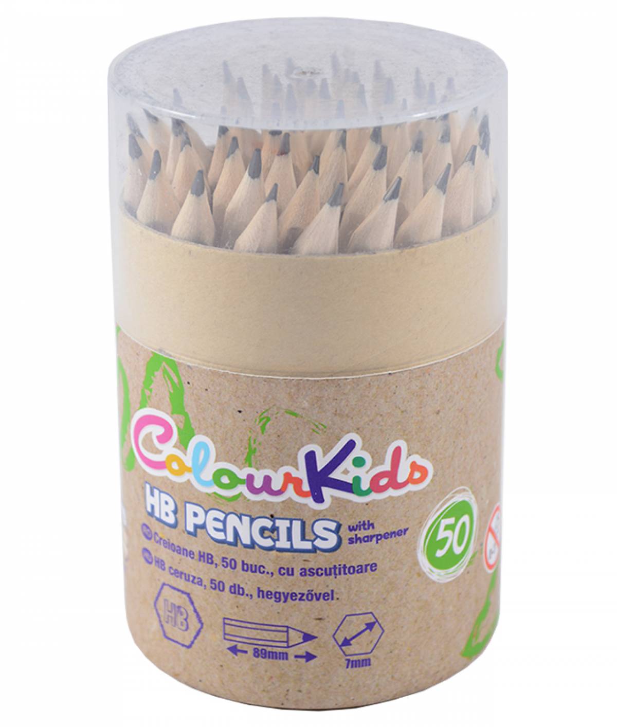 Creion HB Colour KIDS MINI cu guma NATUR de calitate 50buc in tub carton cu ascutitoare