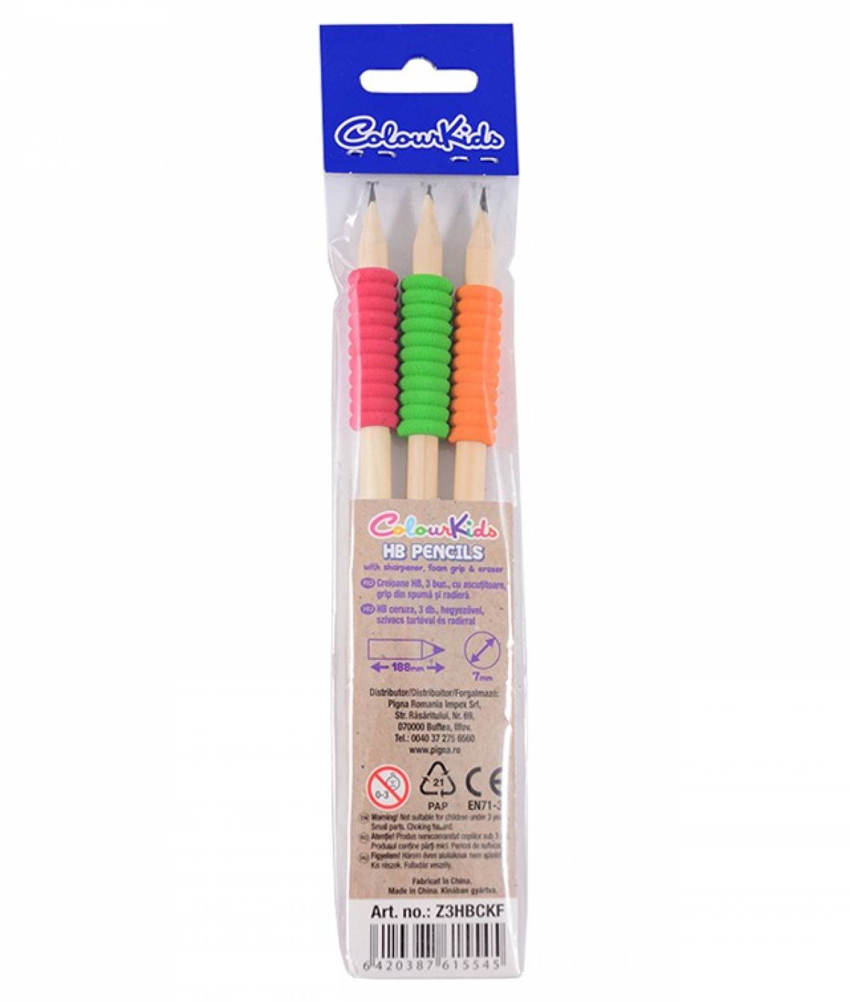Creion HB Colour KIDS NATUR de calitate 3buc in punga cu grip si ascutitoare