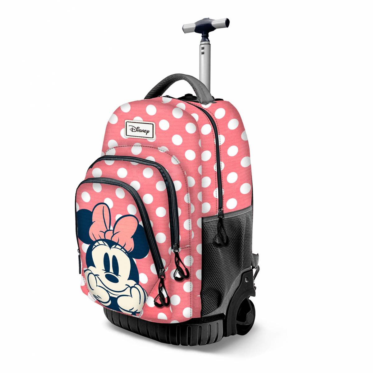 Ghiozdan Troller Scolar, Minnie Mouse, 3 Compartimente, 2 Buzunare Roz, 32cm x 47cm x 27cm