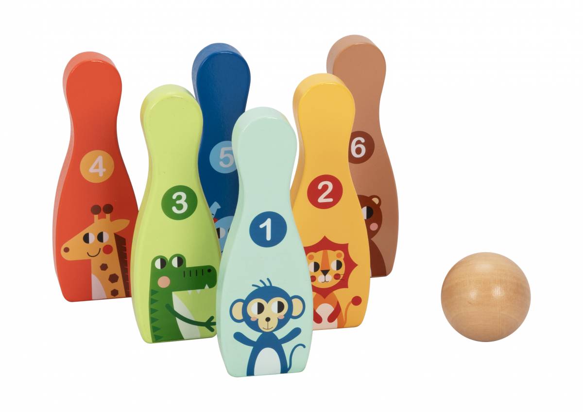 Joc de Bowling din Lemn pentru Copii – Set Educativ cu Popice Colorate