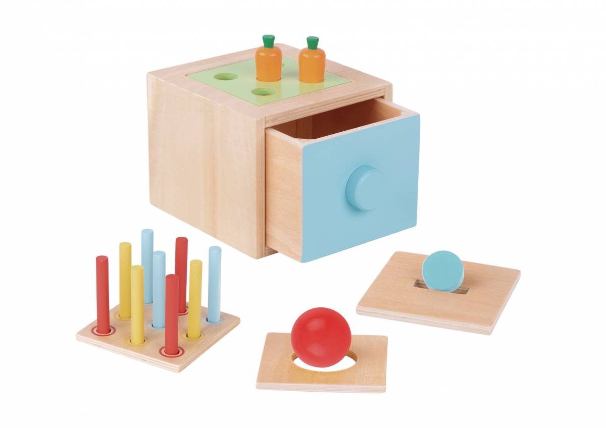 Joc Educativ Montessori 4 in 1 din Lemn pentru Copii, Cub Multifunctional Educativ