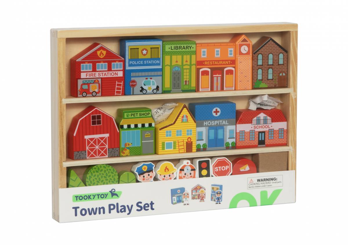Joc Educativ Montessori Oras din Lemn pentru Copii, Town Play Set cu Cladiri si Figurine