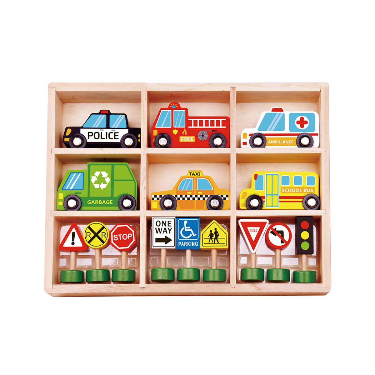 Joc Montessori Set Educativ Transport si Semne de Circulatie din Lemn pentru Copii