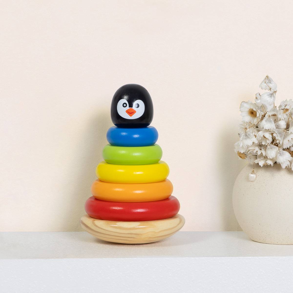 Jucarie Montessori Turn Penguin, Lemn Natural